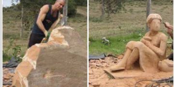 Djaloshi bën diçka të mrekullueshme nga guri, gdhend figurën e nënës së tij