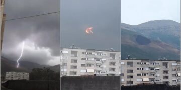 Momenti kur rrufeja godet në Vlorë të Shqipërisë