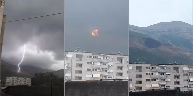 Momenti kur rrufeja godet në Vlorë të Shqipërisë