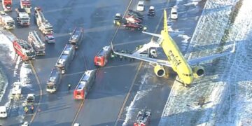 Stuhia e borës në Amerikë: Momenti kur aeroplani rrëshqet nga pista pas aterrimit në aeroport