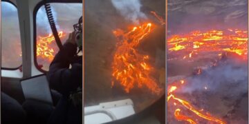 Shpërtheu pas “900 vitesh në gjumë” – pamje të vullkanit në Islandë të filmuara me helikopter