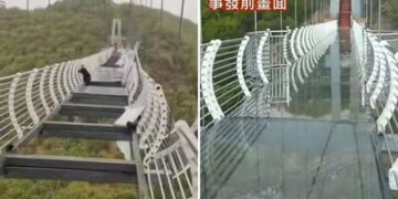 Erërat që frynin mbi 150 km/h shkatërrojnë urën prej xhami, turisti mbetet i varur