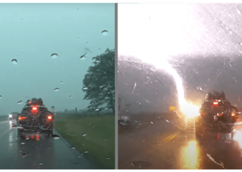 Momenti kur vetura në lëvizje goditet nga rrufeja