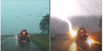 Momenti kur vetura në lëvizje goditet nga rrufeja