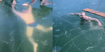 Aventura që mund t’i kushtonte shtrenjtë, burri mbetet i bllokuar nën akullin e trashë të liqenit të ngrirë