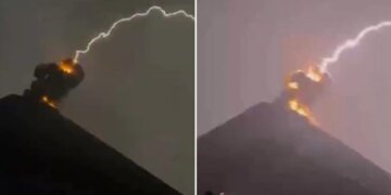 Rrufeja godet majën e vullkanit, shikoni pamjet