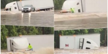 Uji e merr kamionin derisa shoferi lufton për jetë – pamje dramatike nga Teksasi i goditur nga stuhitë