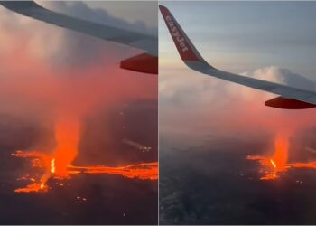 Teksa po fluturonte me aeroplan ‘mbi llavën e zjarrtë’, turistja filmon shpërthimin spektakolar të vullkanit në Islandë