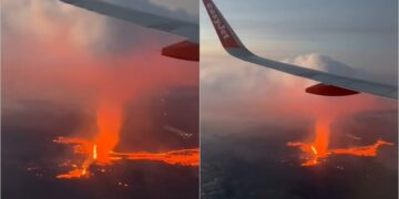 Teksa po fluturonte me aeroplan ‘mbi llavën e zjarrtë’, turistja filmon shpërthimin spektakolar të vullkanit në Islandë