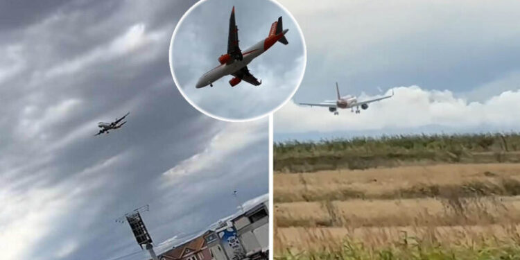 Pamje kur aeroplani tenton të ulet në Aeroportin e Prishtinës por e pengon era e fortë
